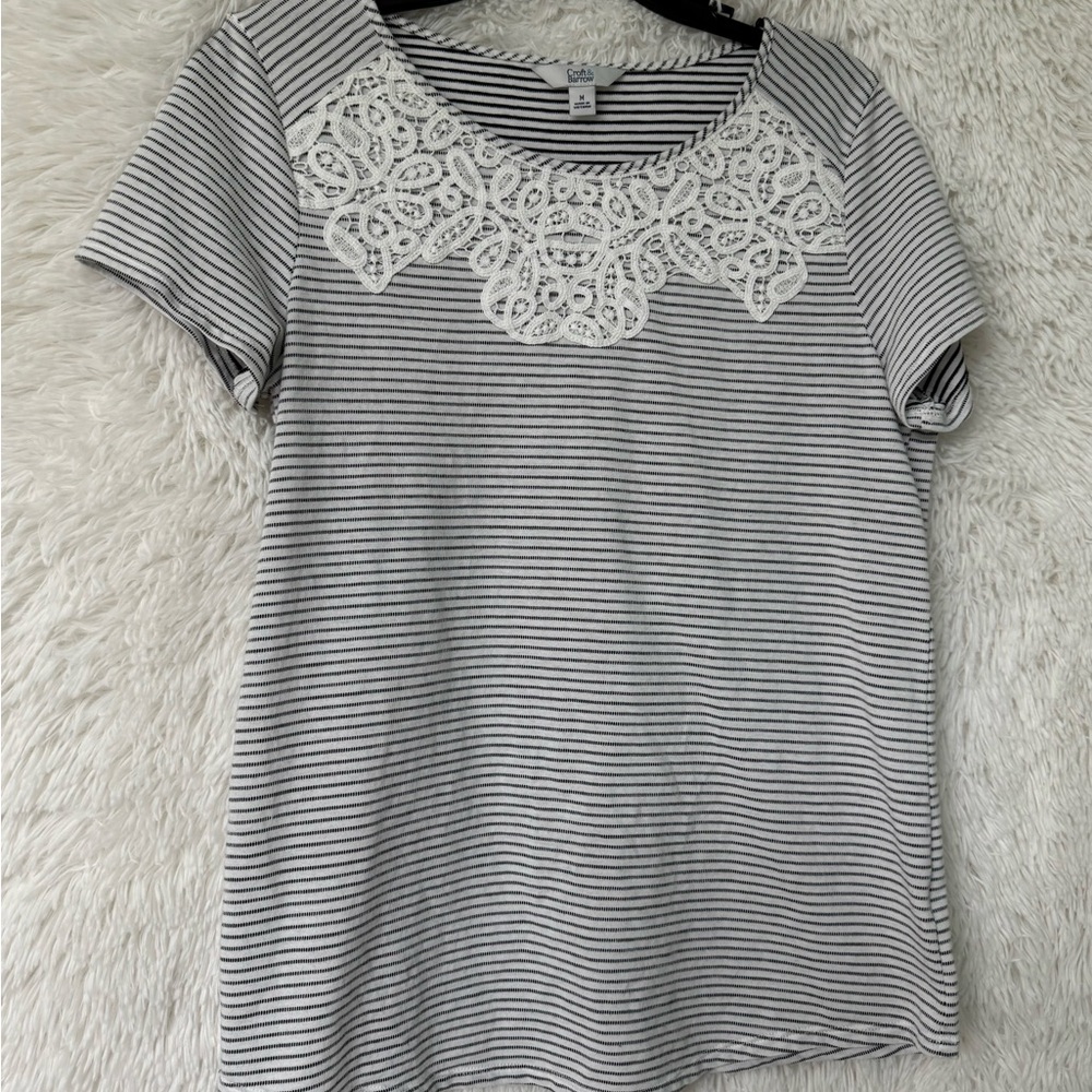 Croft & Barrow Black and White Striped Lace Top